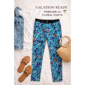Forever 21 Floral Pants Blue Teal Slim Fit Size M